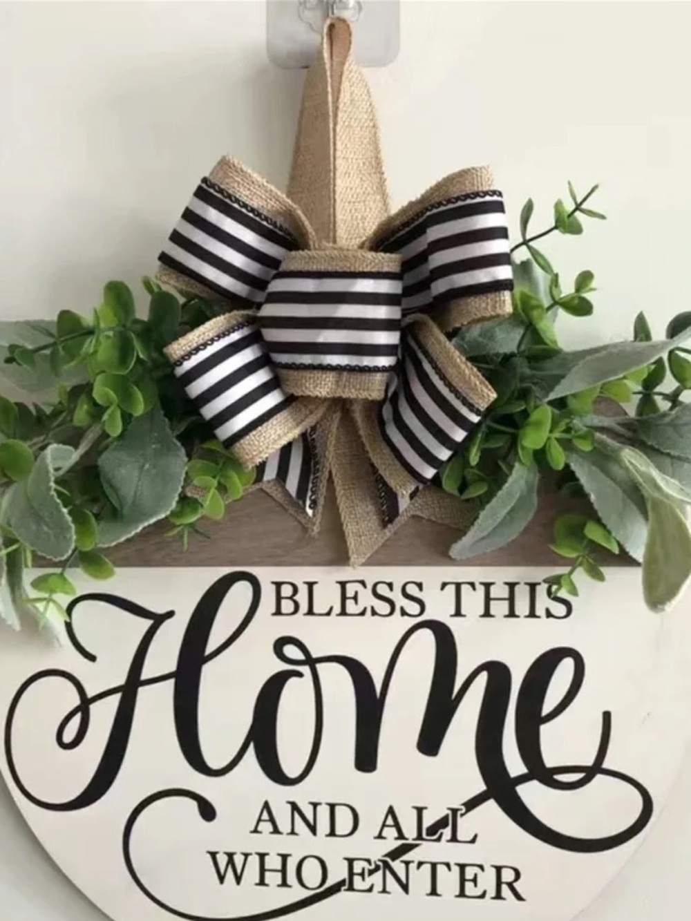 Decorative "Bless This Home" Wall Plaque with Black & Natural Bow